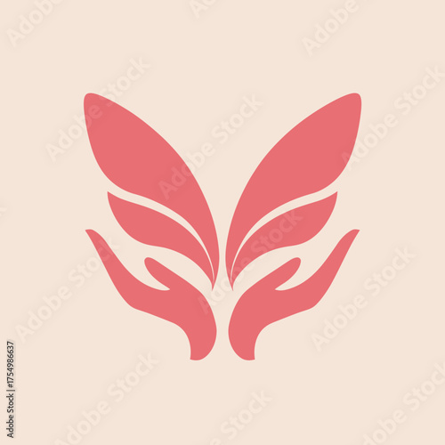 Stylized hands holding abstract feather design, rendered in coral against light pink