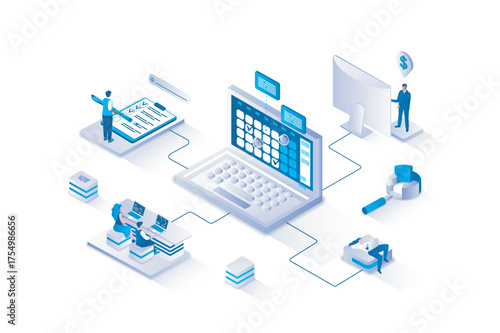 Planning 3d isometric concept with isometry people design for web. People making schedules with tasks on laptop, marking dates on calendar, organizing workflow and daily agenda. Vector illustration.