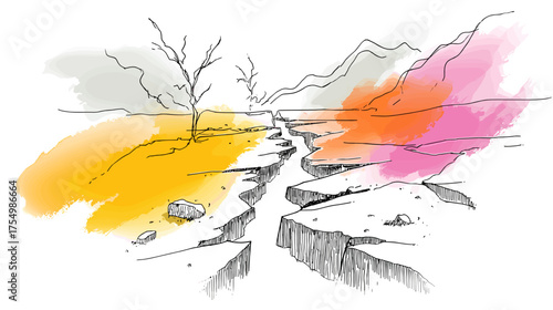 Abstract landscape with cracked ground and colorful watercolor splashes  