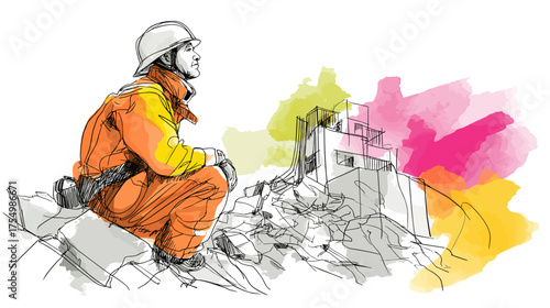 Construction worker sitting on rubble site contemplating project  