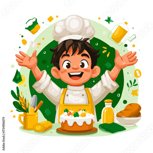 baker in chef hat holding cake