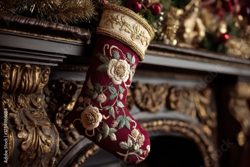 Festive Christmas stocking with floral embroidery hanging from an ornate fireplace mantelpiece, evoking the warmth and anticipation of the holidays.