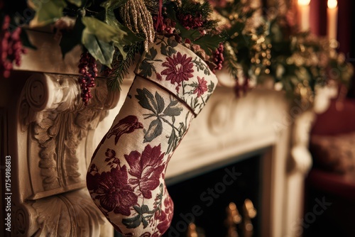 Festive Floral Stocking: A beautifully decorated stocking hangs on a mantelpiece, adorned with flowers and Christmas cheer.