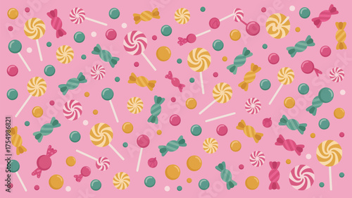 A pink background with lollipops hard candies and wrapped candies scattered across the surface area
