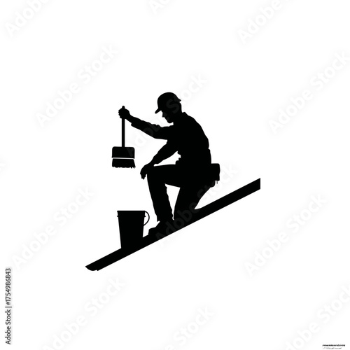 Minimalist icon of a construction worker sealing roof with brush, black silhouette