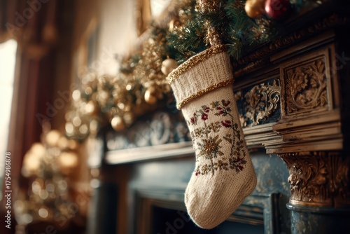 Festive Christmas Stocking: A close-up view of a beautiful white Christmas stocking hanging from a decorated fireplace mantelpiece.