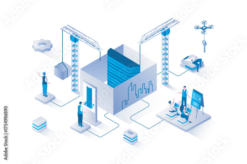 Real estate 3d isometric concept with isometry people design for web. Construction company building new houses for selling, realtors sale of apartments in future skyscraper. Vector illustration.