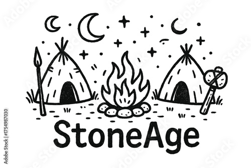 Stone Age Campfire. Hand-drawn stone age camp with moons, fire, and sparkles, center word “StoneAge” in black and white isolated