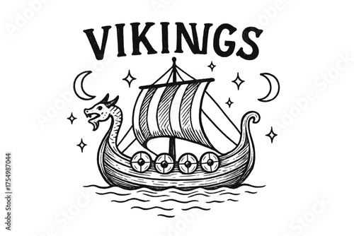 Viking Ship Illustration. Hand-drawn viking ship with moons, shields, and sparkles, center word “Vikings” in black and white