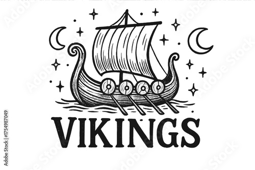 Viking Ship Illustration. Hand-drawn viking ship with moons, shields, and sparkles, center word “Vikings” in black and white