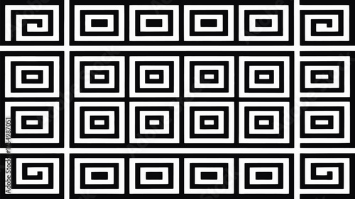 Black and white pattern featuring nested squares and spiral elements in a structured arrangement