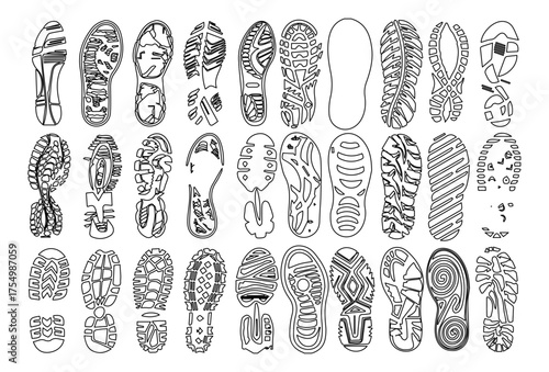 An array of outlined shoe prints displays unique sole patterns on a white backdrop, illustrating various footwear designs and textures in monochrome, offering a clear view of each imprint