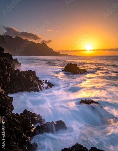 Rocky coastline meets crashing waves under a vibrant, orange sunset