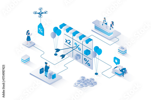 Shop loyalty program 3d isometric concept with isometry people design for web. Buyers making purchases and receiving bonuses and gifts from stores, smart shopping with discounts. Vector illustration.