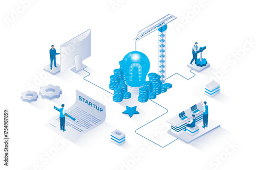 Startup project 3d isometric concept with isometry people design for web. Team launching new project, brainstorming, analyzing market, improving product and promoting business. Vector illustration.