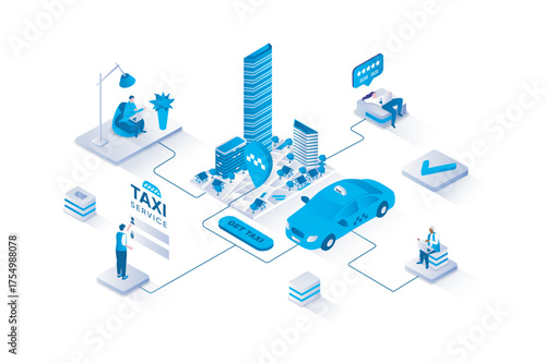 Taxi service 3d isometric concept with isometry people design for web. Clients booking car online, searching and getting transportation, tracking routes at map in mobile app. Vector illustration.