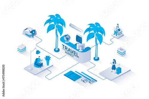 Travel agency 3d isometric concept with isometry people design for web. Tourists with luggage choosing vacation tour with assistant in office, buy plane tickets and booking hotel. Vector illustration.