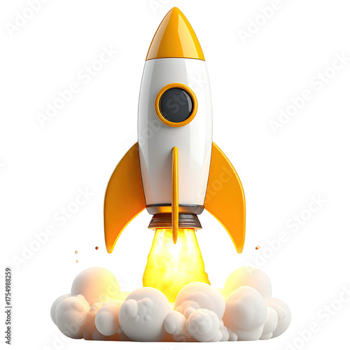 A cartoon rocket blasts off, showcasing yellow and white color scheme
