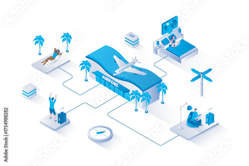 Travel vacation 3d isometric concept with isometry people design for web. Travelers with luggage waiting to boarding at airport, flying by plane on journey, relaxing at beach. Vector illustration.