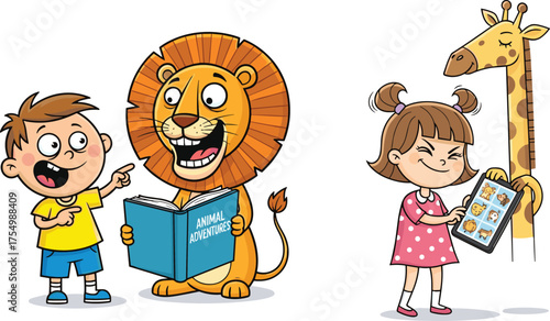 Children learning about animals, cartoon education scene, book vs tablet contrast, expressive emotion, lion and giraffe interaction, storytelling illustration