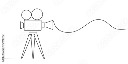 Continuous line drawing of a vintage film camera on a tripod with wavy motion trail vector
