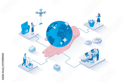 Waste management 3d isometric concept with isometry people design for web. People taking cake about Earth planet, sorting of different types of trash and recycling garbage. Vector illustration.