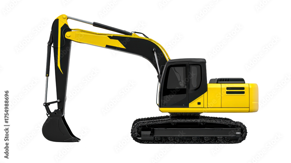 Fototapeta premium Yellow and black excavator side view, heavy construction equipment with large bucket, tracked vehicle for digging, industrial machinery used at building sites, isolated on transparency background