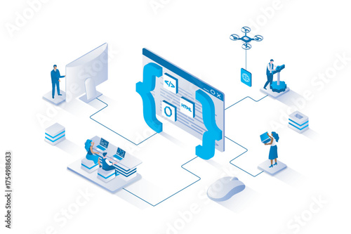 Web development 3d isometric concept with isometry people design. Developers team creating and optimizating site layout, working with webpage code, engineering page on screen. Vector illustration.