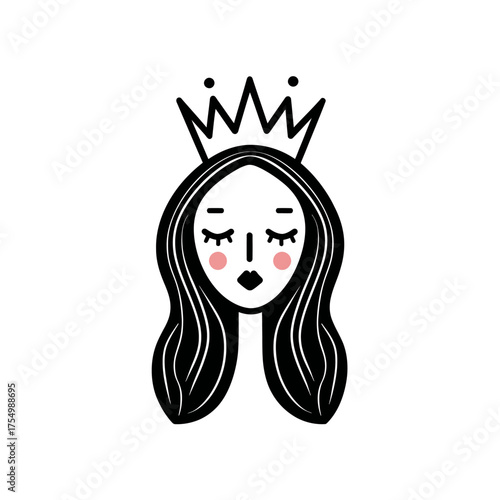 Minimalist drawing of a princess with a crown, long hair, and rosy cheeks