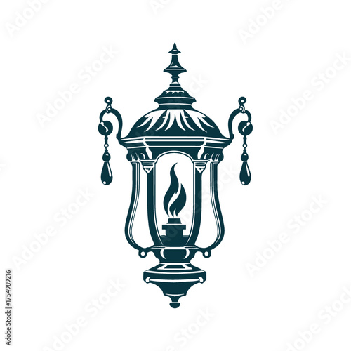 Ornate Vintage Lantern with Burning Flame Illustration