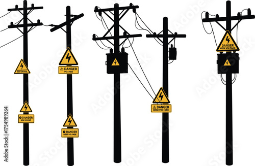 Silhouette of five utility poles with transformers, insulators, high voltage warning signs, electricity distribution, industrial infrastructure, rural landscape, outdoor energy network