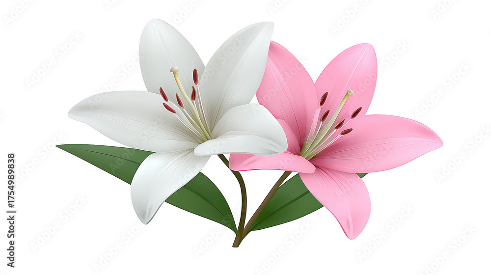 Fototapeta premium White lily pink lily flower petal stamen green leaf botanical nature spring elegant floral arrangement with soft colors and delicate details evoking peaceful and fresh feeling