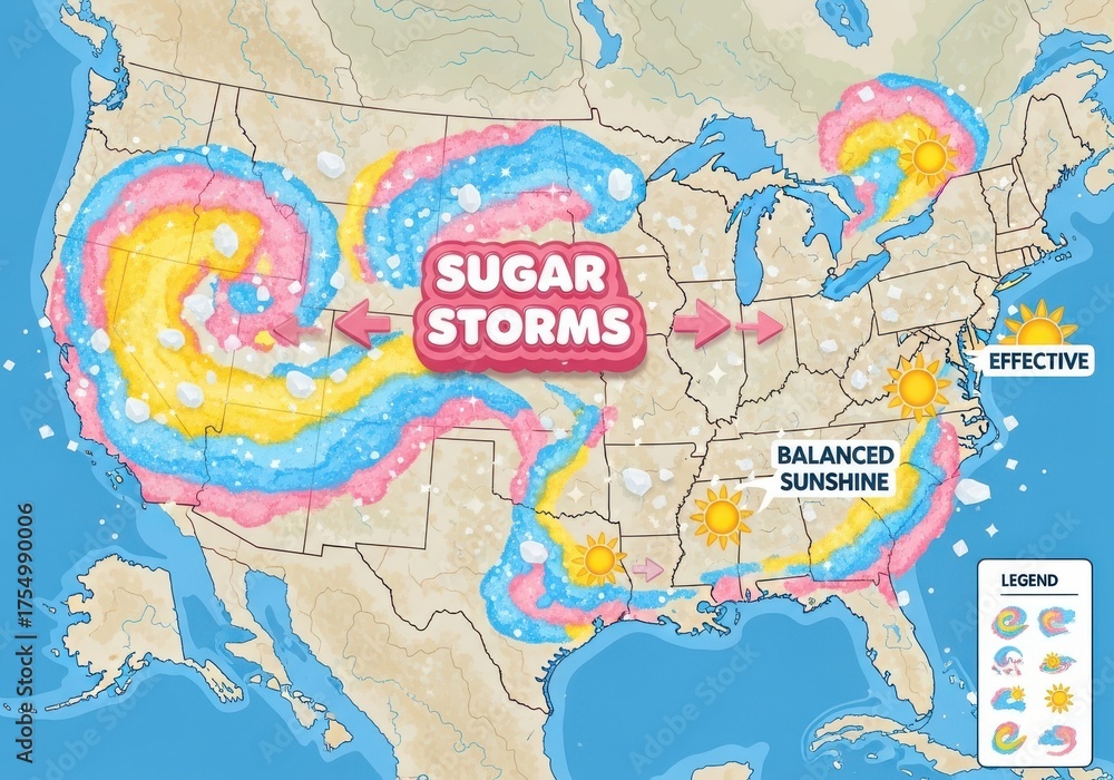 Naklejka premium A map of the united states showing sugar storms and balanced sunshine with colorful swirling clouds representing candy and sweet treats