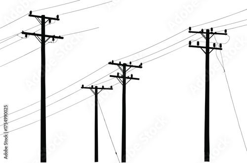 Silhouette of four utility poles with power lines, crossarms, insulators, transformers, electricity distribution, urban infrastructure, industrial design, rural communication network