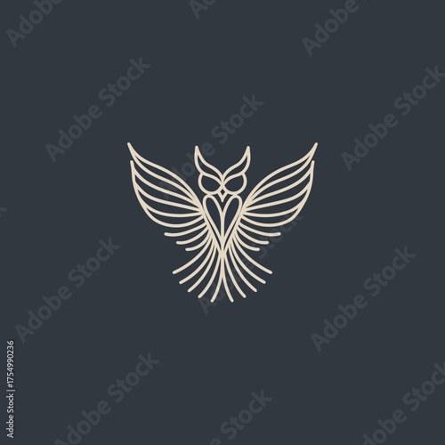 Stylized, simplified outline of an owl with wings outstretched on a dark background