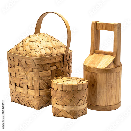 Three woven wood containers, a large basket with lid, small box, and a bucket with handle