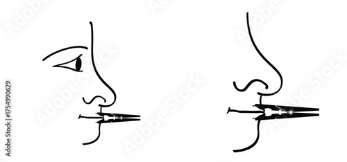 A wooden clothespin that pinches the lips or mouth of a face closed. Cartoon clothespin or clothespeg on your lip. Nose and face line pattern. 