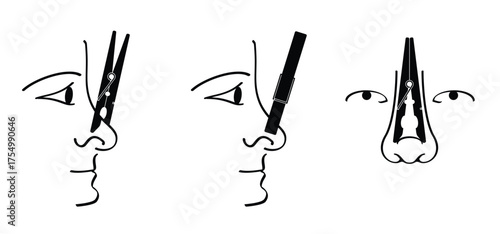 Cartoon clothespin or clothespeg on your nose and face. Sometimes people put a clothespin on their nose to block out or avoid bad odors in a smelly environment.