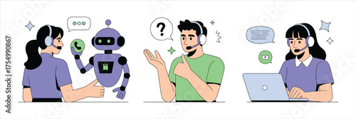 Vector art of customer support help, service, assistance, call center, operator, agent, communication, chatbot