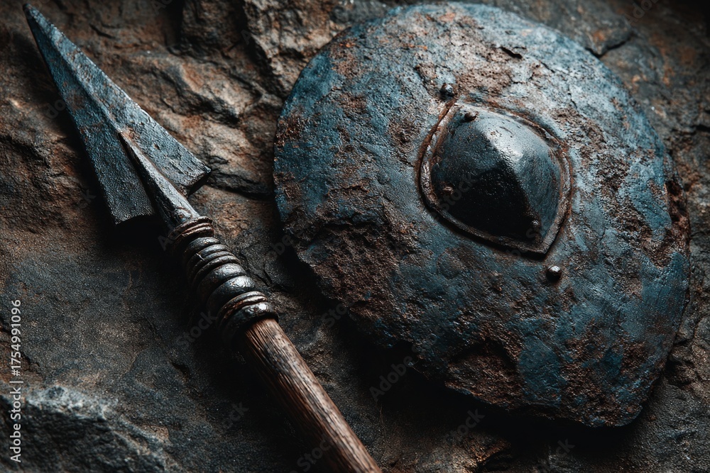Obraz premium Rusted ancient shield and spearhead on a textured rock surface creating a historical ambiance