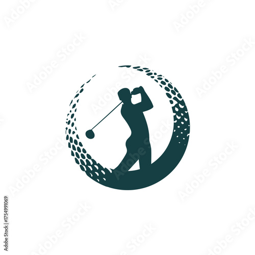 Golfer silhouette swinging club inside golf-ball patterned circle on white background