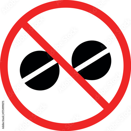 Drugs icon in prohibition red circle, No doping ban or stop sign, medicine forbidden symbol Vector illustration