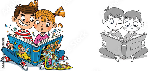 Children reading books, cartoon contrast scene, vibrant vs dull content, expressive emotion, imagination vs boredom, storytelling moment, animated pages illustration