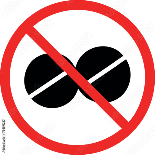 Drugs icon in prohibition red circle, No doping ban or stop sign, medicine forbidden symbol Vector illustration