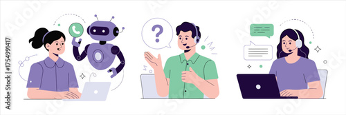 Vector art of customer service, call center, support concept operator in headset advises client, online assistant vector illustration