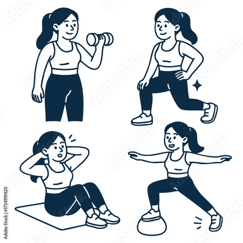 Isolated separated layered lineart outline fitness woman exercising in various workout poses