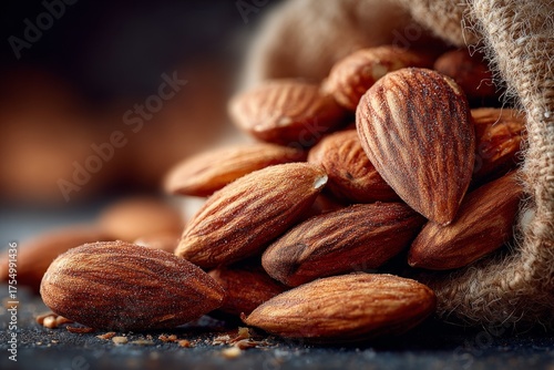Almond nuts spilling from a rustic jute bag, representing healthy nutrition and snack food