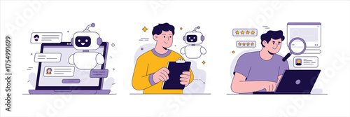 Vector art of modern illustration of customer service with chatbot, data analysis, and online searching