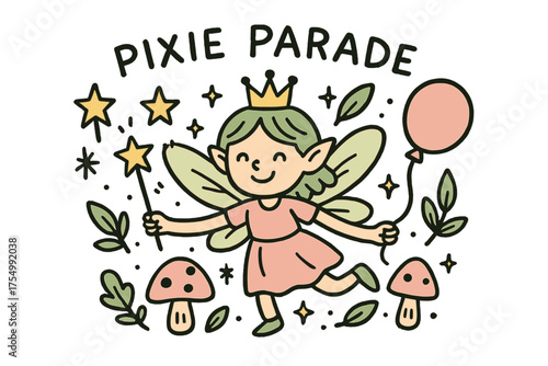 Pixie Parade Illustration. Pixie parade illustration doodle style: hand drawn pixie with smile, wings, crown, star, balloon,