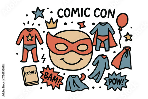 Comic Con Doodle Vibes. Comic con illustration doodle style: hand drawn superhero mask with smile, crown, star, balloon, costumes,